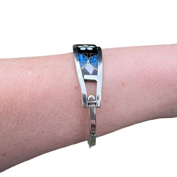 Vintage Alpaca Mexico Women's Bracelet Abalone‎ Shell Floral Silver Tone Signed - Picture 4 of 16